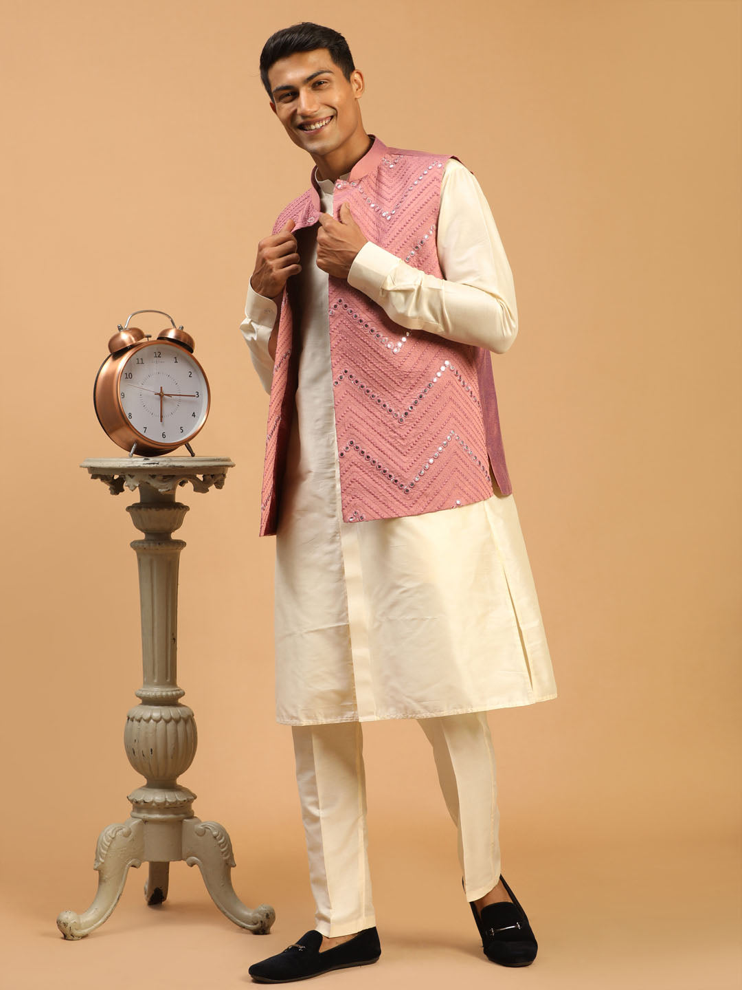 Men Onion Mirror Work Nehru Jacket with Cream Viscose Kurta & Pyjama Set