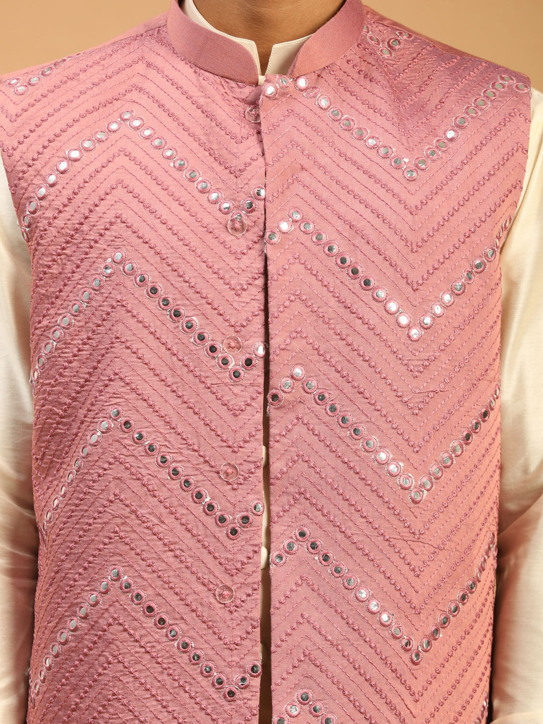 Men Onion Mirror Work Nehru Jacket with Cream Viscose Kurta & Pyjama Set