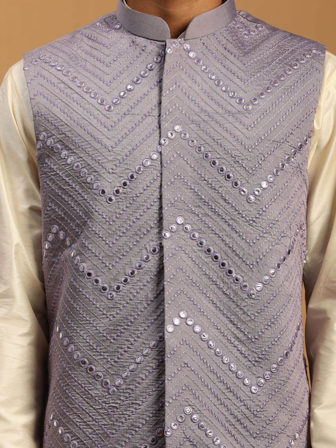 Men Onion Mirror Work Nehru Jacket with Cream Viscose Kurta & Pyjama Set