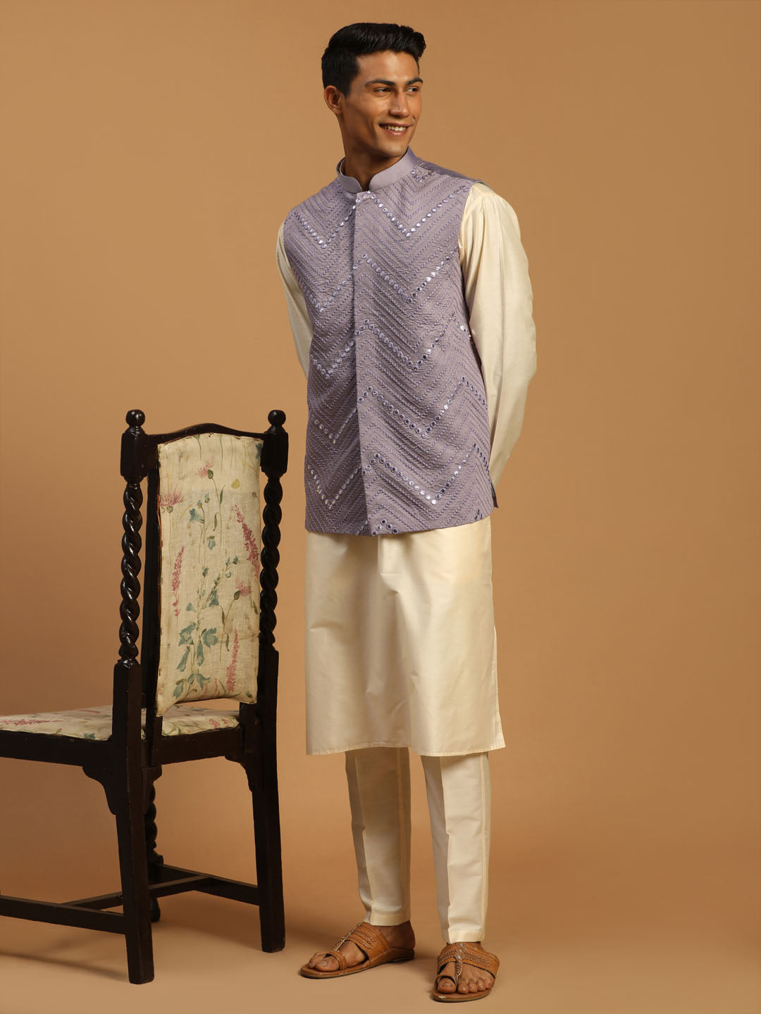 Men Onion Mirror Work Nehru Jacket with Cream Viscose Kurta & Pyjama Set