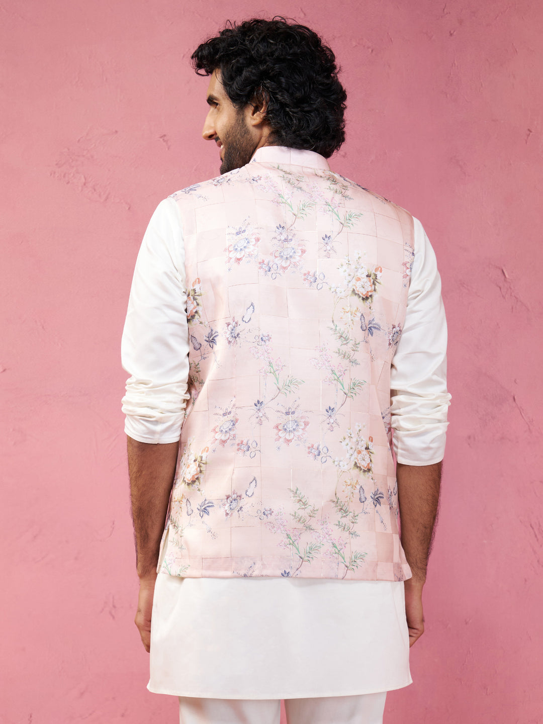 Light Pink Floral Printed Nehru Jacket