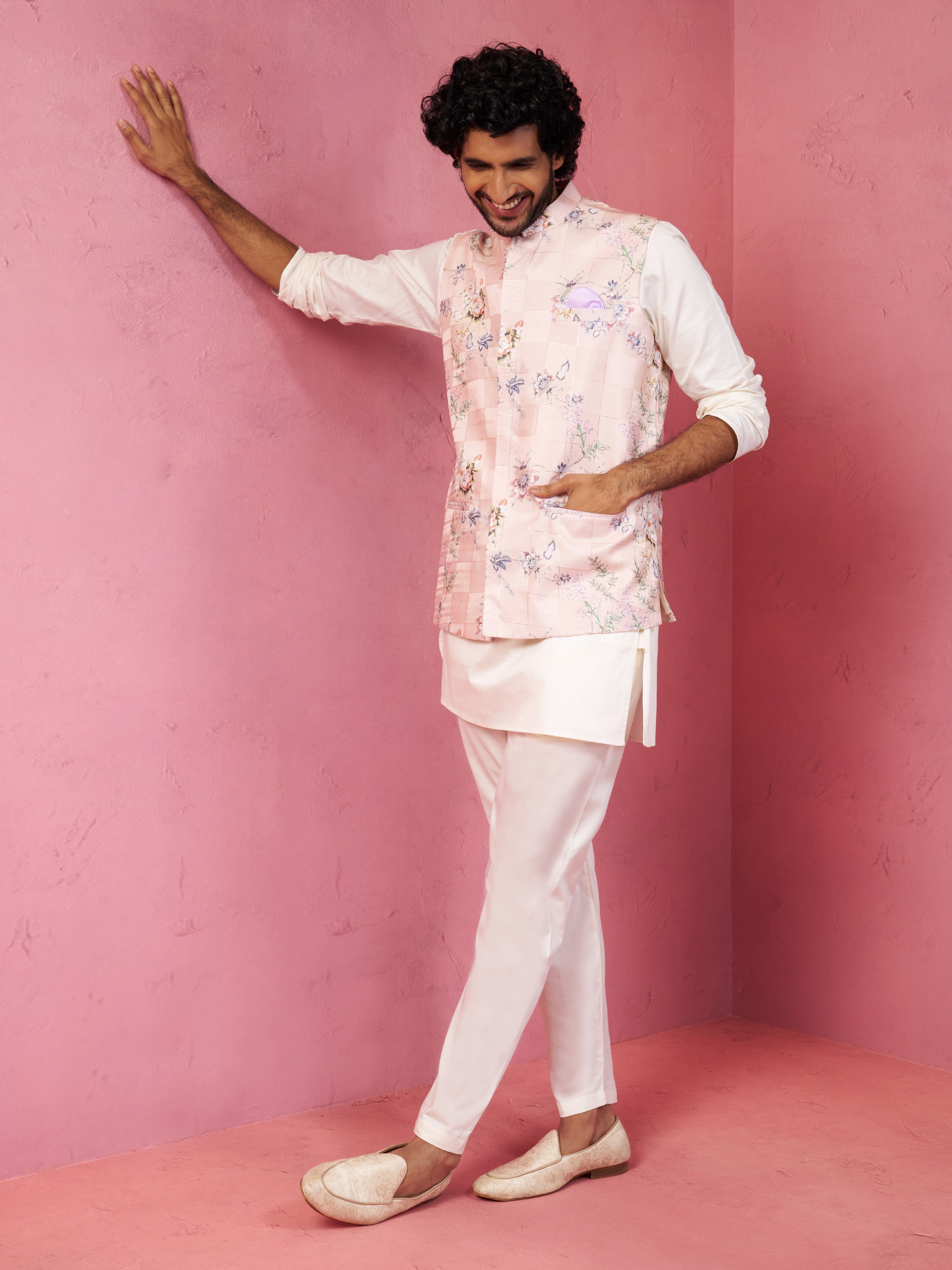 Men's Peach Silk Nehru Jacket with Cream Kurta Pyjama