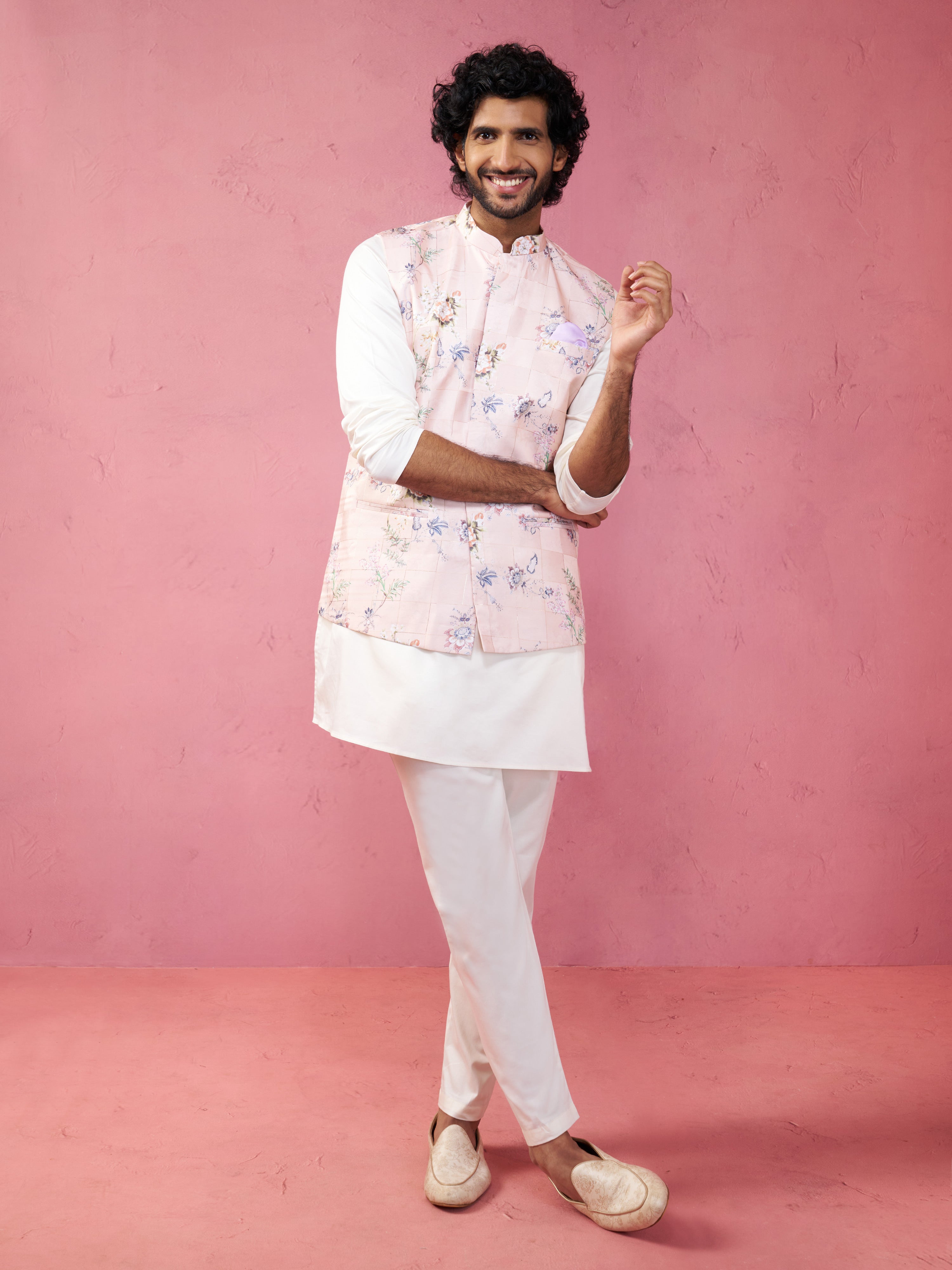 Men's Peach Silk Nehru Jacket with Cream Kurta Pyjama