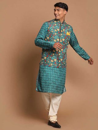 VASTRAMAY Men's Green Printed Nehru Jacket
