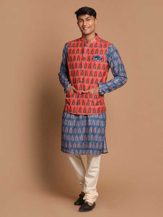 VASTRAMAY Men's Orange Printed Nehru Jacket