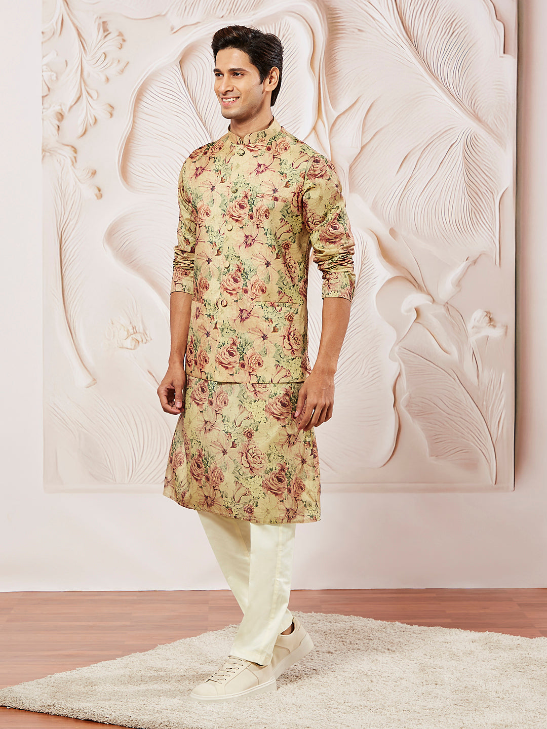 Men's Cream And Brown Silk Blend Jacket, Kurta And Pyjama Set