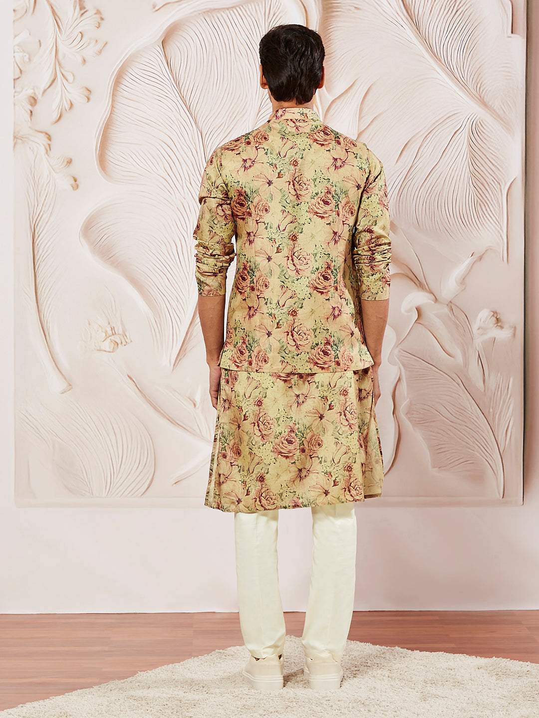 Men's Cream And Brown Silk Blend Jacket, Kurta And Pyjama Set