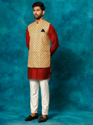VASTRAMAY Men's Mustard Geometric Printed Nehru Jacket With Curved Kurta And Pant Set