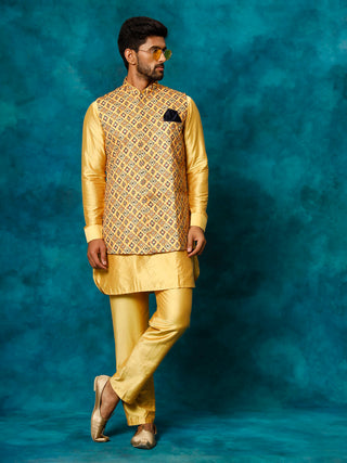 VASTRAMAY Men's Mustard Geometric Printed Nehru Jacket With Curved Kurta And Pant Set