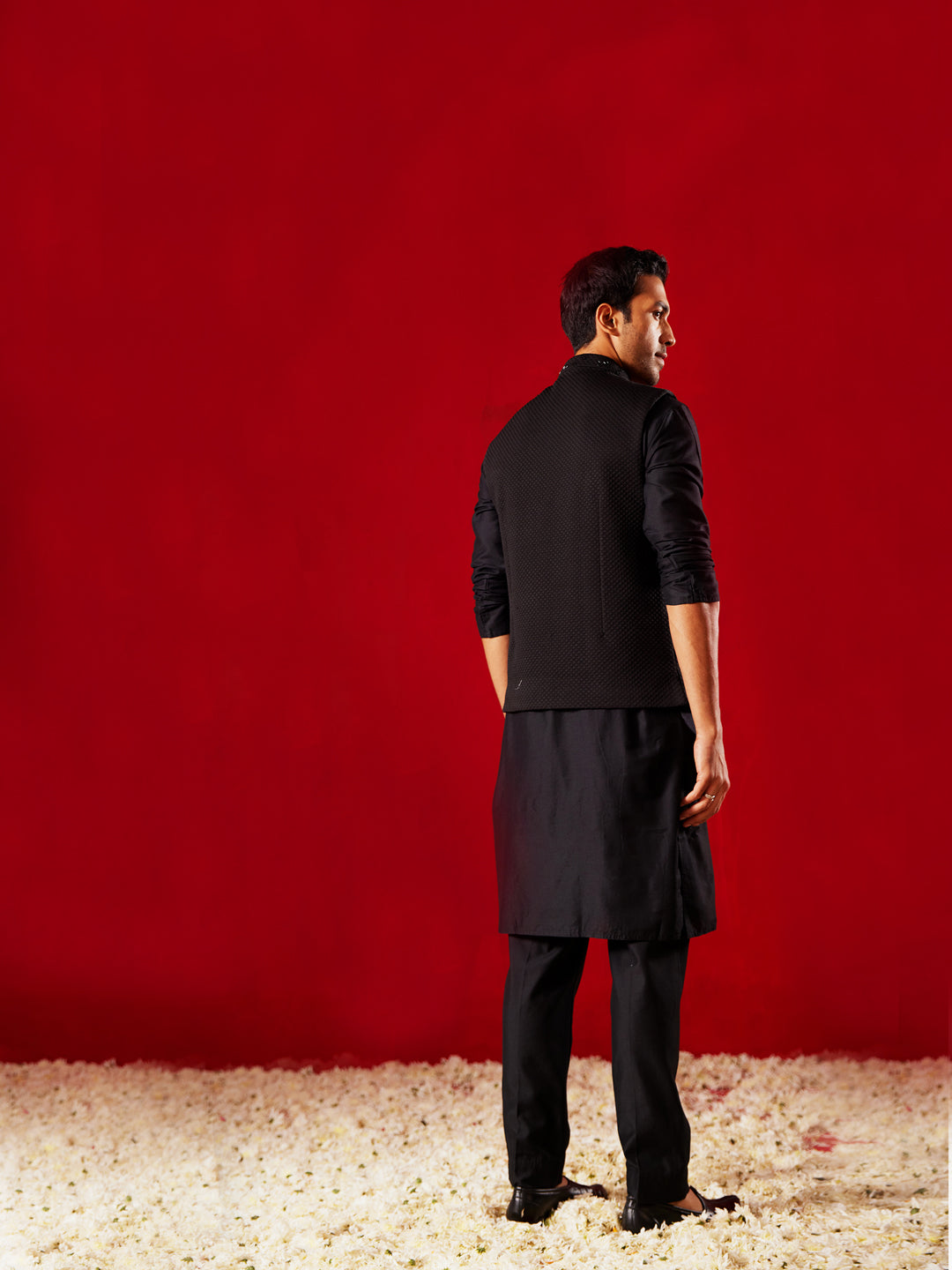 Men Black Quilted Cutdana Work Nehru Jacket with Silk Kurta & Viscose Pyjama Set