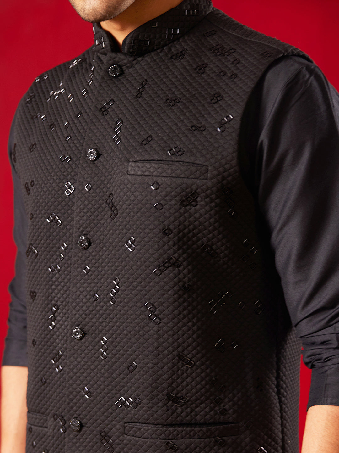 Men Black Quilted Cutdana Work Nehru Jacket with Silk Kurta & Viscose Pyjama Set