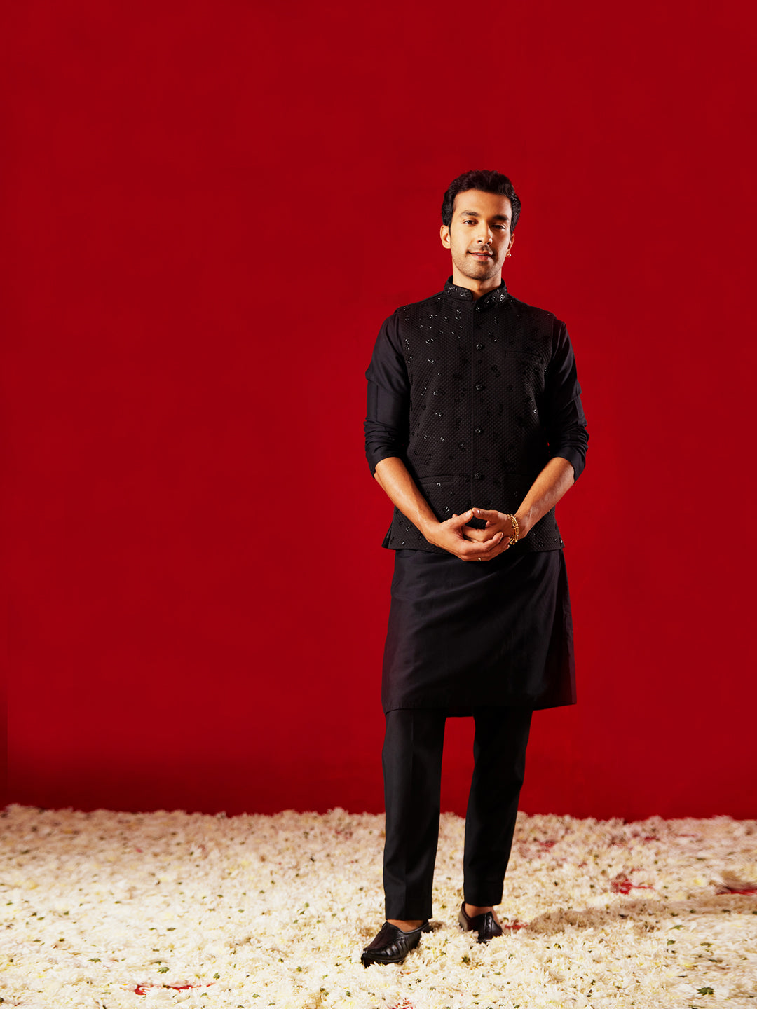 Men Black Quilted Cutdana Work Nehru Jacket with Silk Kurta & Viscose Pyjama Set