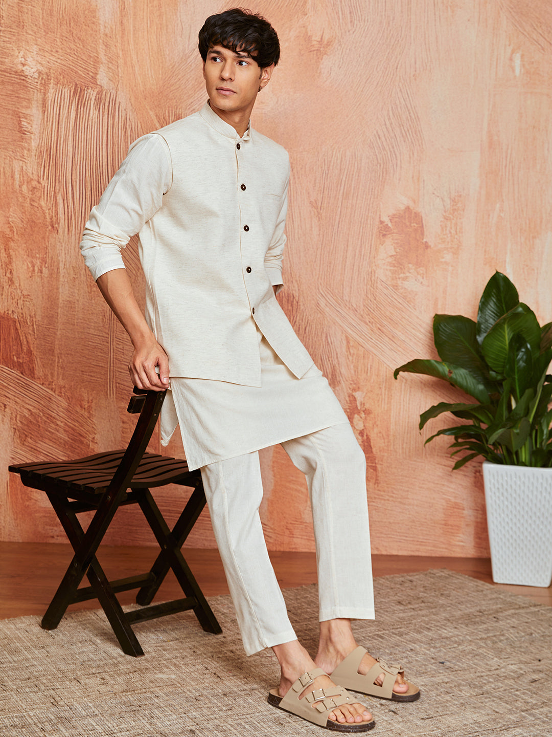 Men's Cream Khadi Cotton Jacket, Kurta And Pyjama Set