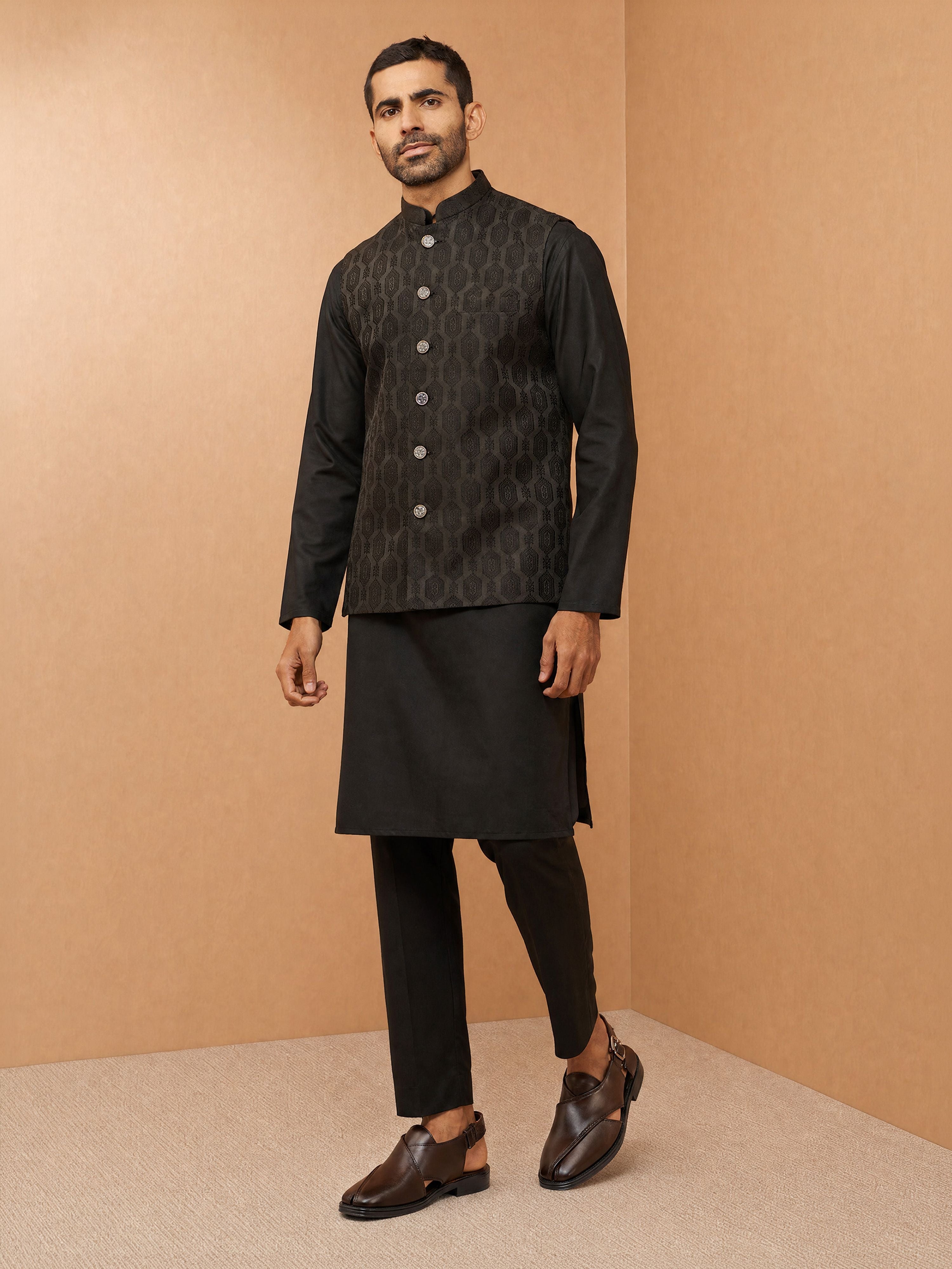 Men's Black Viscose Self Design Knee Length Nehru Jacket and Kurta with Pant