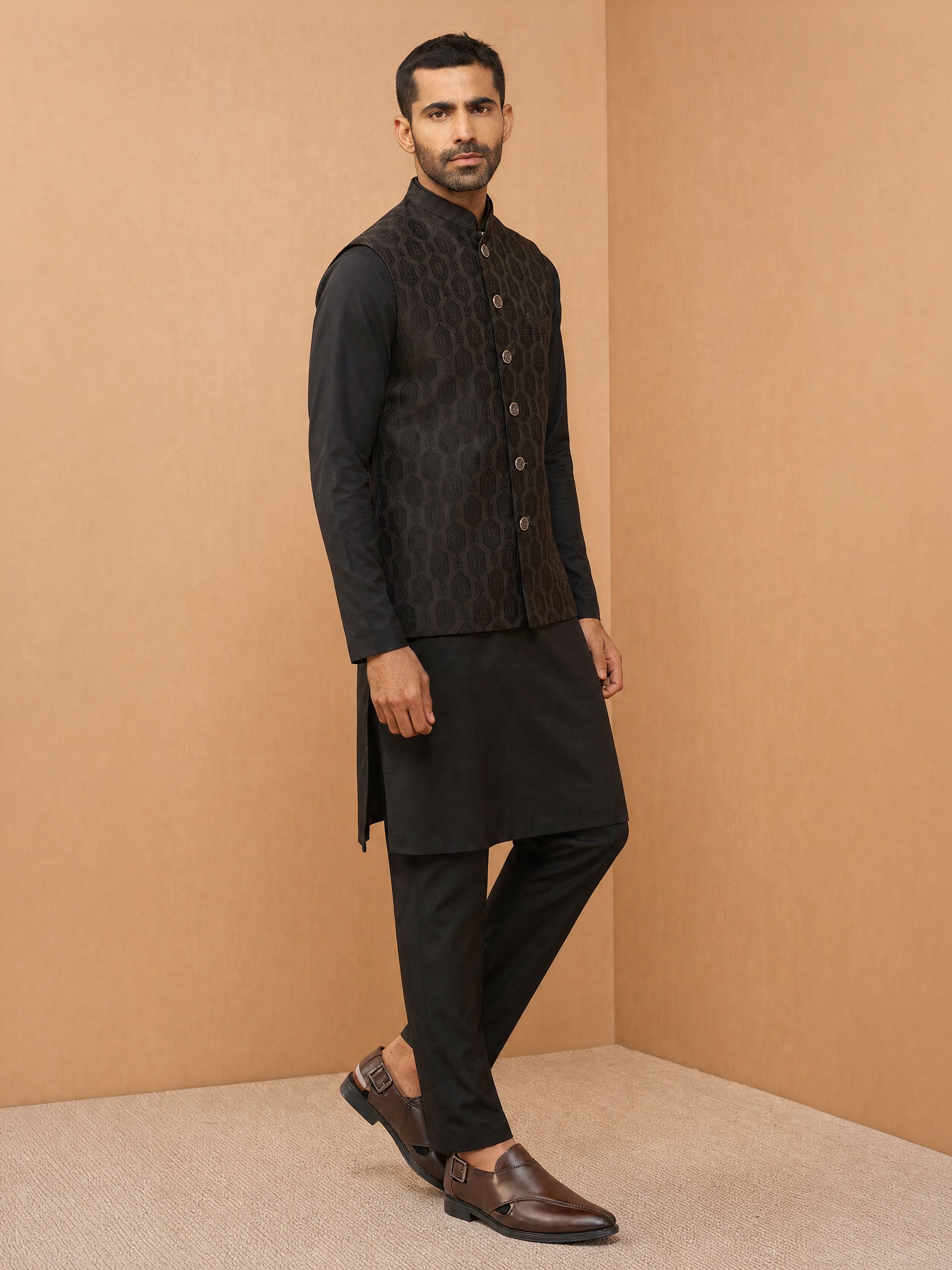 Men's Black Viscose Self Design Knee Length Nehru Jacket and Kurta with Pant