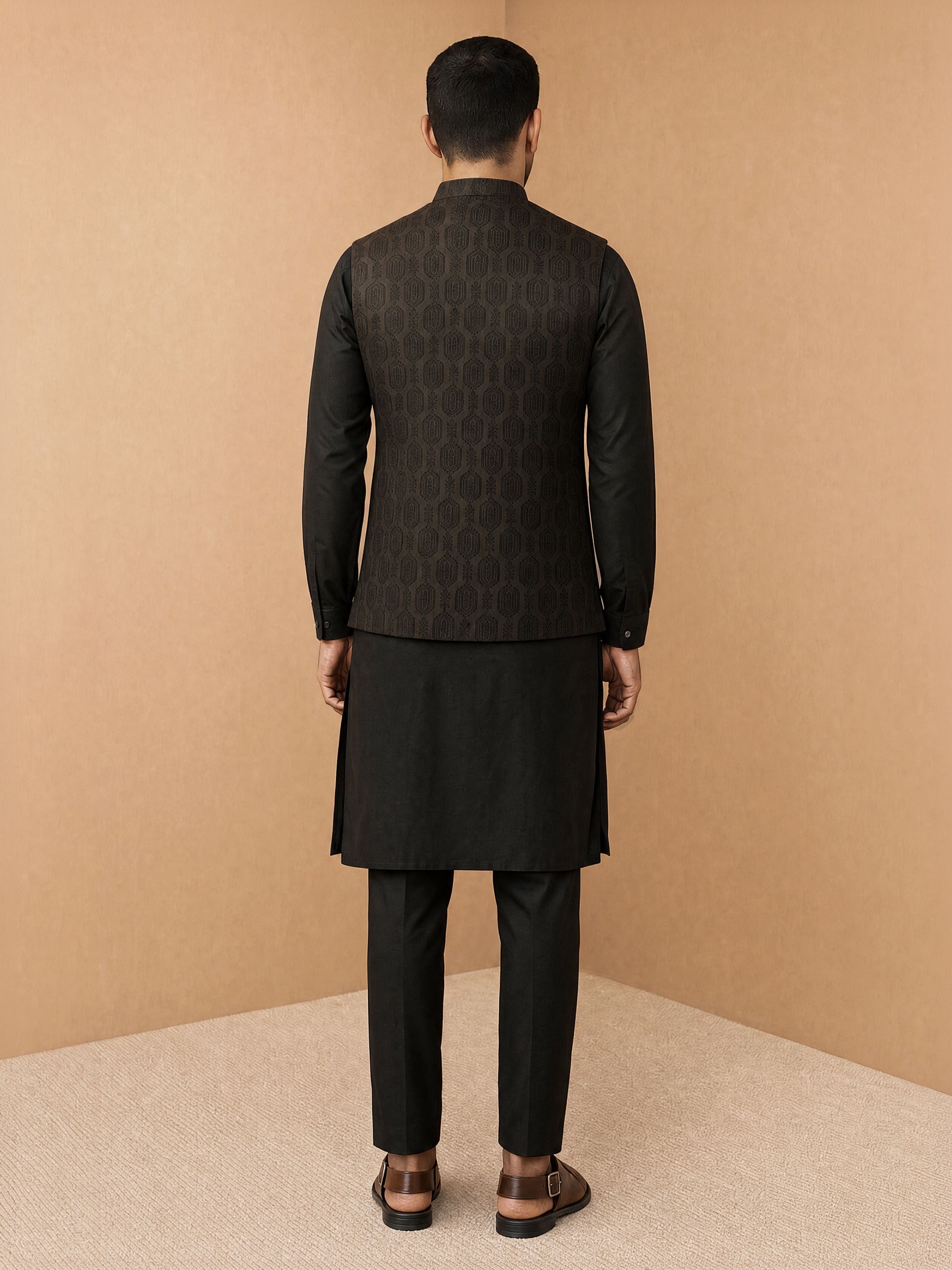 Men's Black Viscose Self Design Knee Length Nehru Jacket and Kurta with Pant