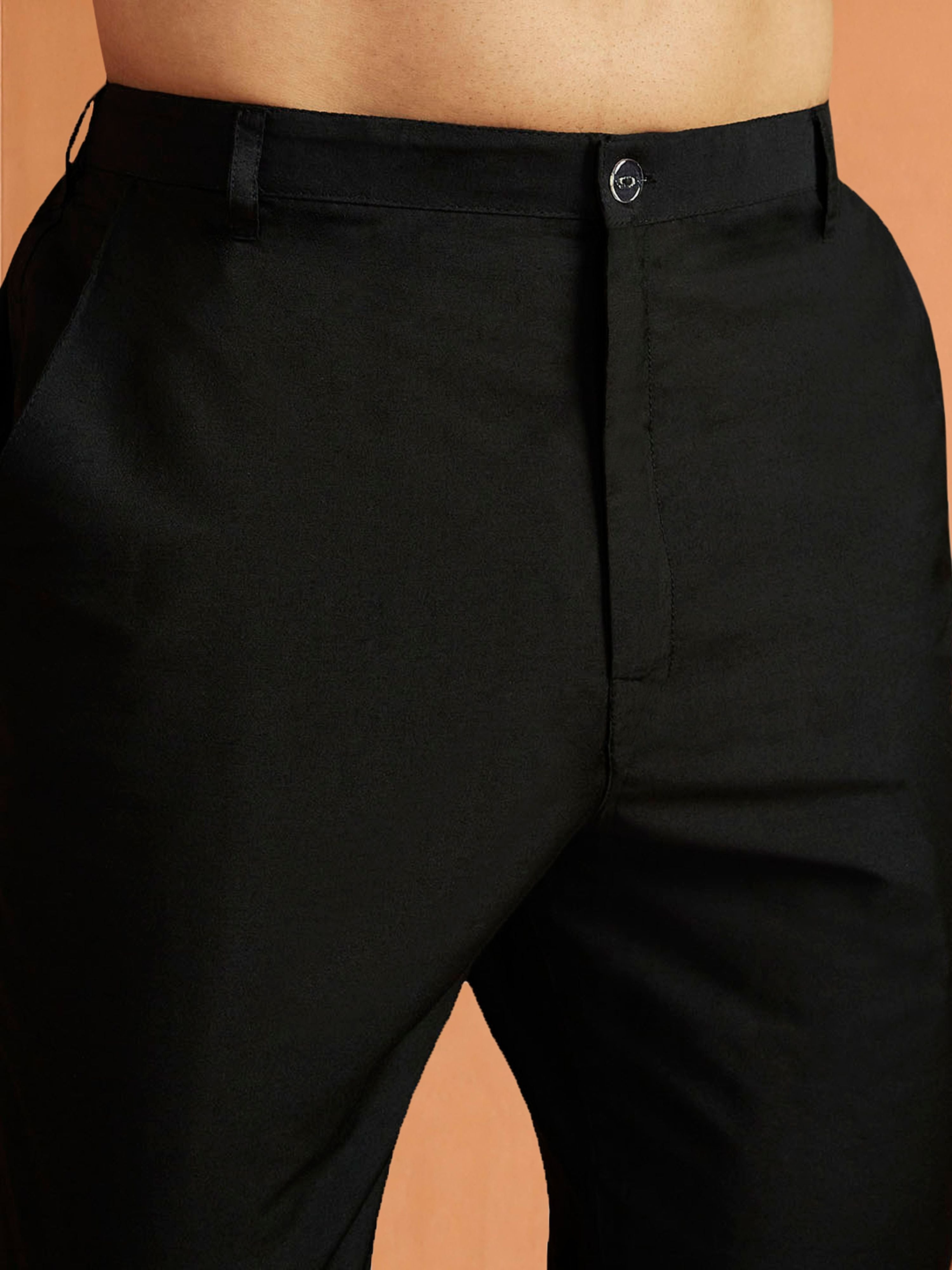 Men's Black Viscose Self Design Knee Length Nehru Jacket and Kurta with Pant