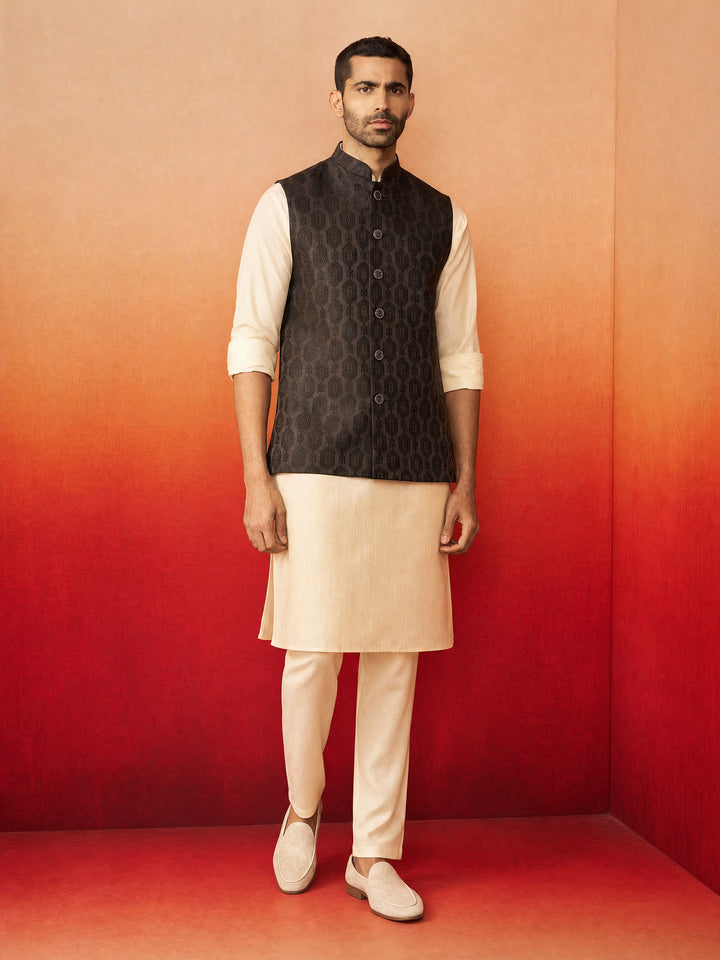 Men Beige Silk Blend Kurta Pyjama with Nehru Jacket Festive Ethnic Wear