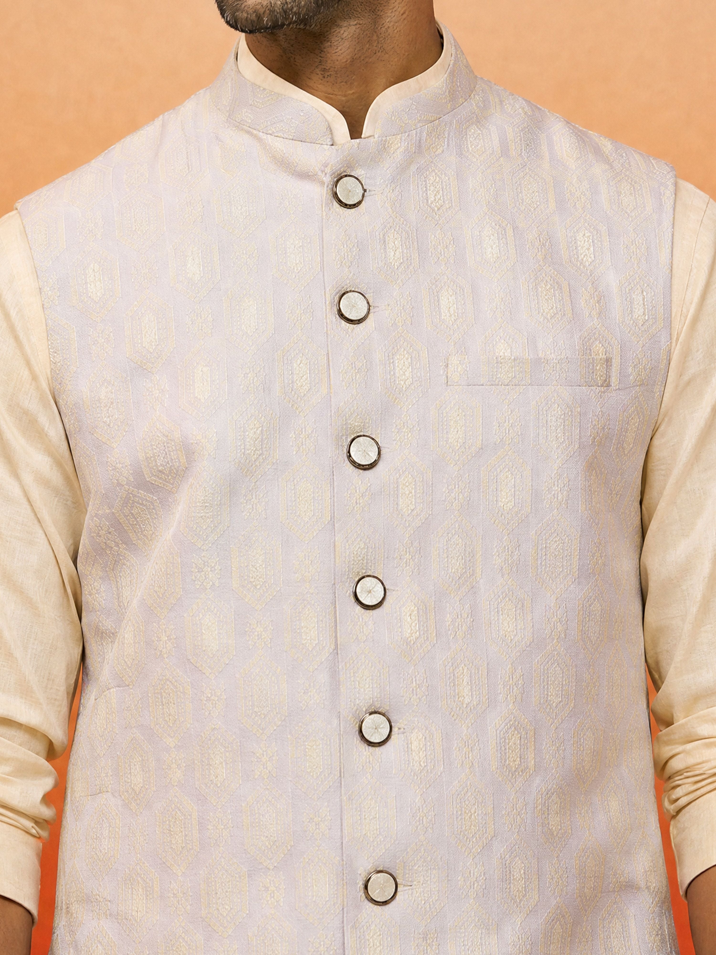 Men's Beige Silk-Blend Self Design Knee Length Kurta Pyjama with Nehru Jacket