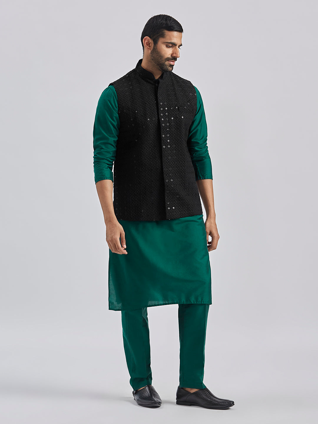 Men's Black And Bottle Green Viscose Jacket, Kurta And Pyjama Set