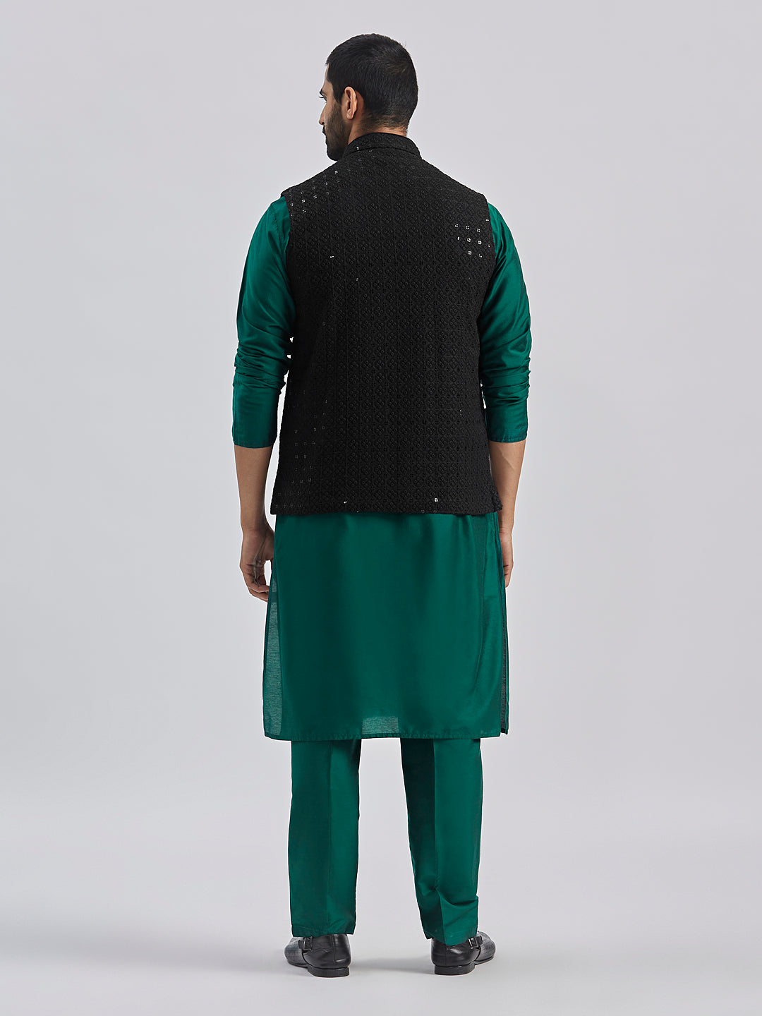 Men's Black And Bottle Green Viscose Jacket, Kurta And Pyjama Set