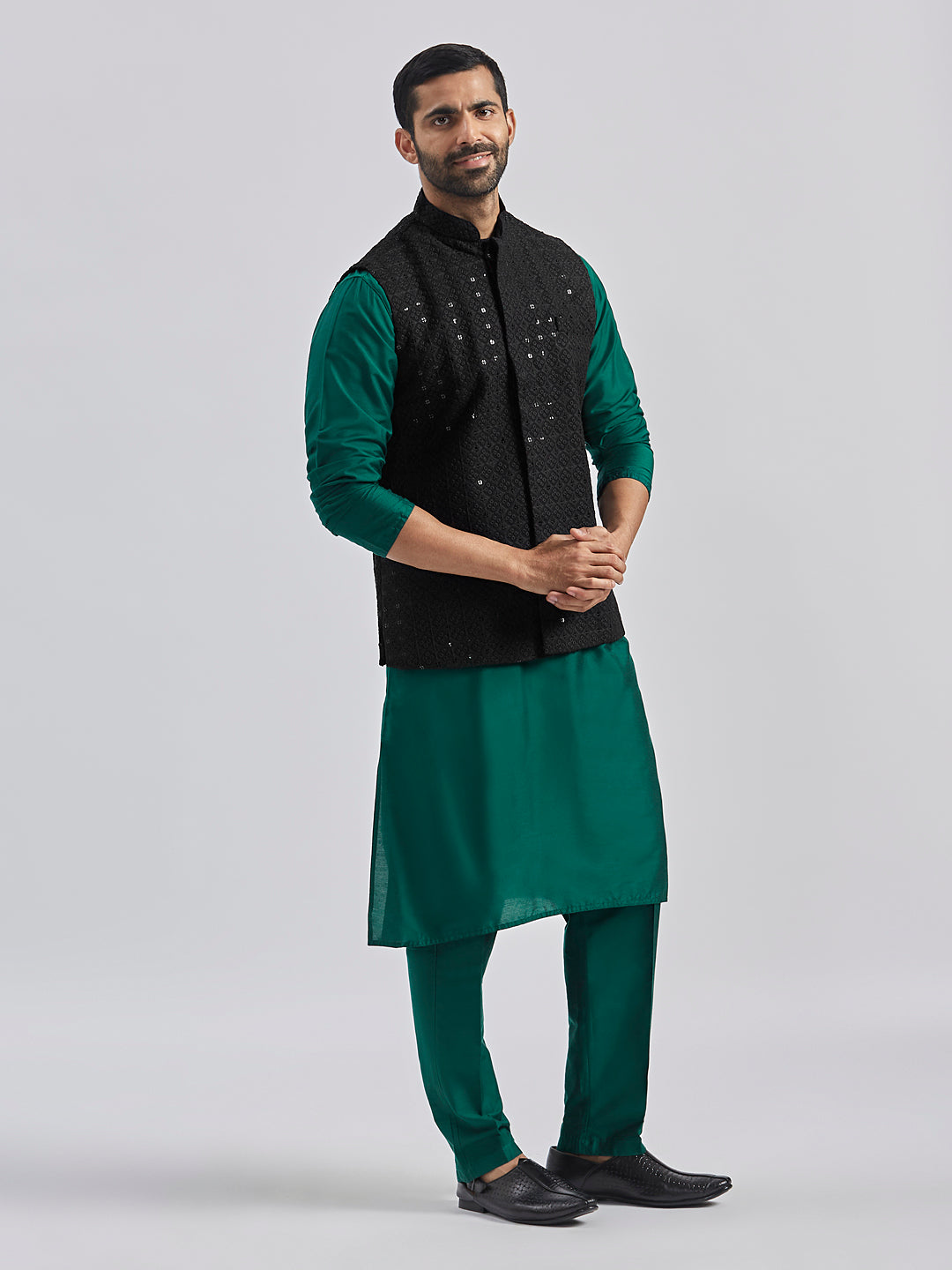Men's Black And Bottle Green Viscose Jacket, Kurta And Pyjama Set