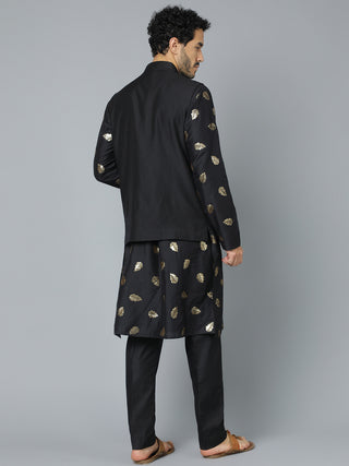 VASTRAMAY Men's Black Leaf Motif Embellished jacket Kurta Pant Set