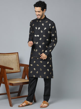 VASTRAMAY Men's Black Leaf Motif Embellished jacket Kurta Pant Set