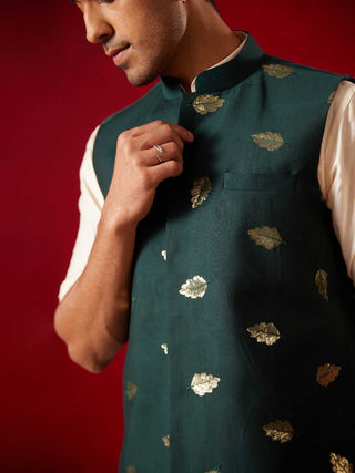 VASTRAMAY Men's Green Leaf Motif Embellished jacket Kurta Pant Set