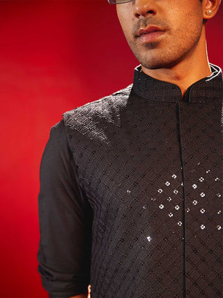 VASTRAMAY Black Rayon Sequined Nehru Jacket