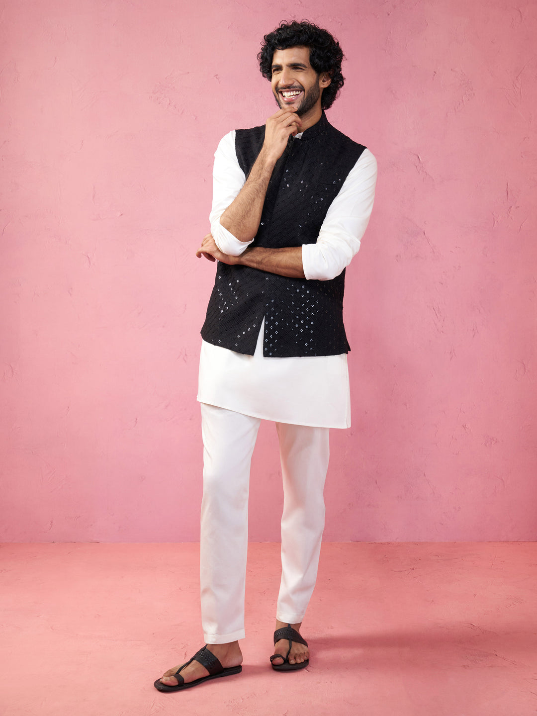 Black Rayon Sequined Nehru Jacket