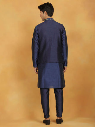 VASTRAMAY Men's Navy Blue Dupion Silk Kurta Pyjama Set