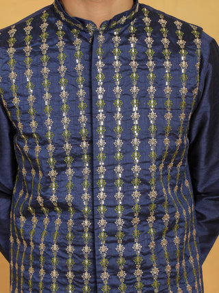 VASTRAMAY Men's Navy Blue Dupion Silk Kurta Pyjama Set
