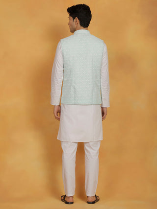 VASTRAMAY Men's White And Green Cotton Silk Jacket, Kurta and Pyjama Set