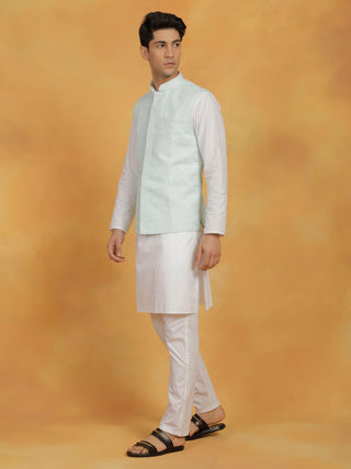 VASTRAMAY Men's White And Green Cotton Silk Jacket, Kurta and Pyjama Set