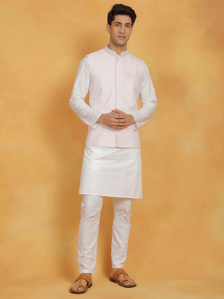 VASTRAMAY Men's White And Pink Cotton Silk Jacket, Kurta and Pyjama Set