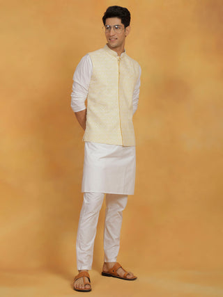 VASTRAMAY Men's White And Yellow Cotton Silk Jacket, Kurta and Pyjama Set