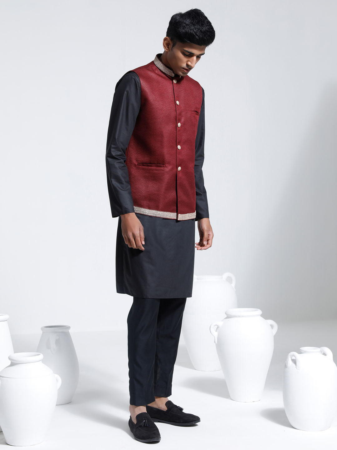 Men's Maroon Jute Nehru Jacket