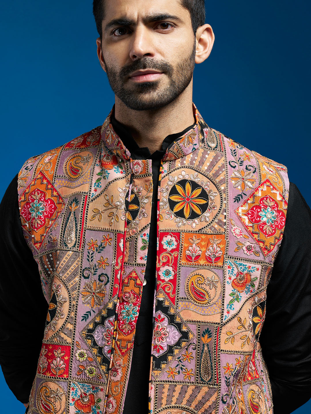 Men's Chiku Embroidered Nehru Jacket Set with Black Printed Kurta & Fine Satin Pyjama