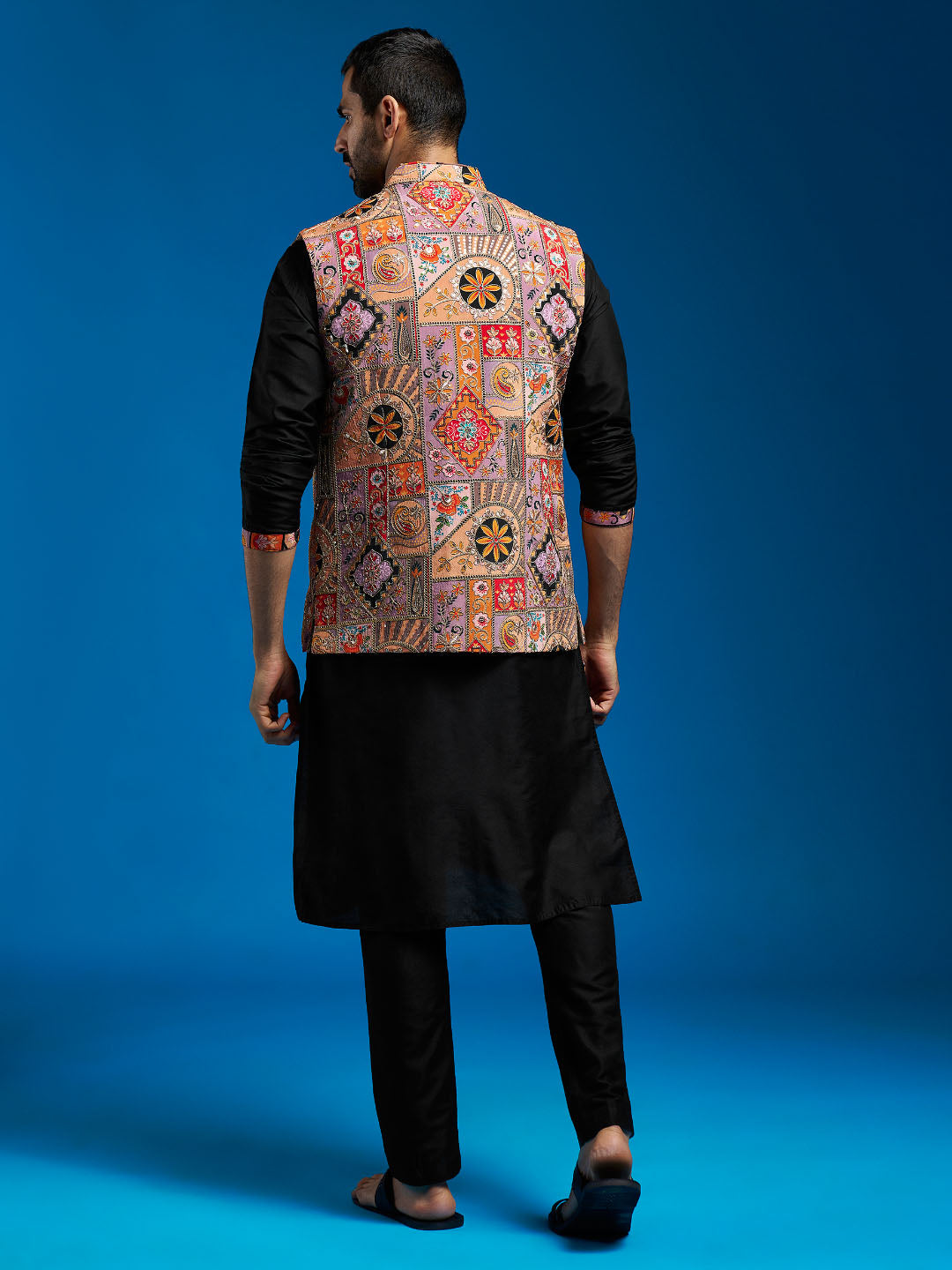 Men's Chiku Embroidered Nehru Jacket Set with Black Printed Kurta & Fine Satin Pyjama