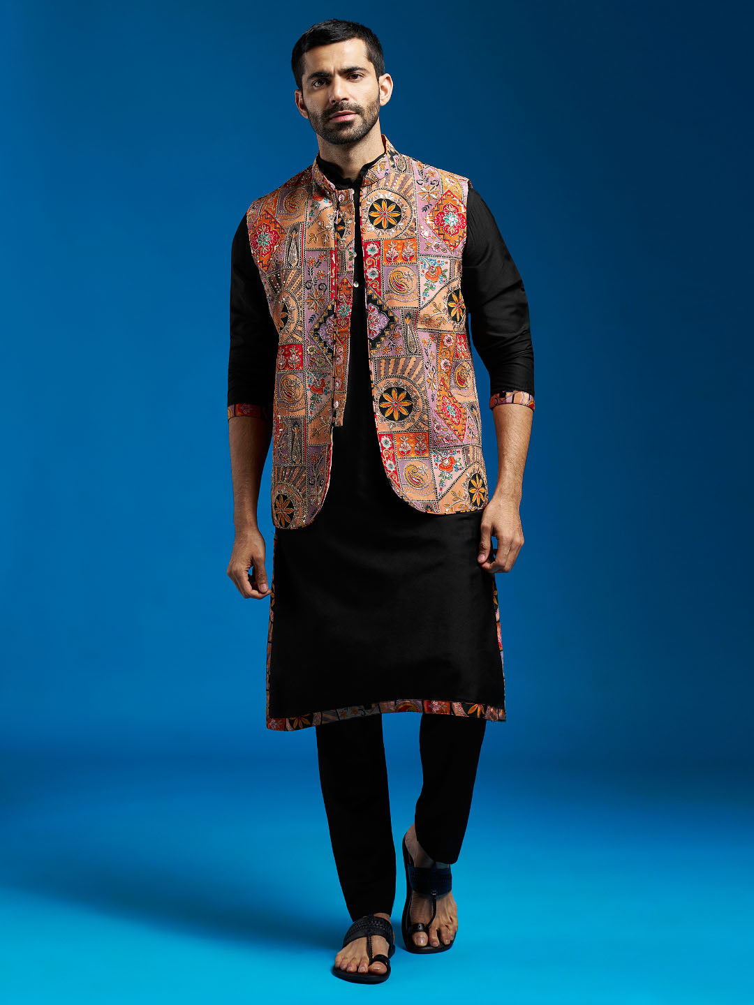 Men's Chiku Embroidered Nehru Jacket Set with Black Printed Kurta & Fine Satin Pyjama