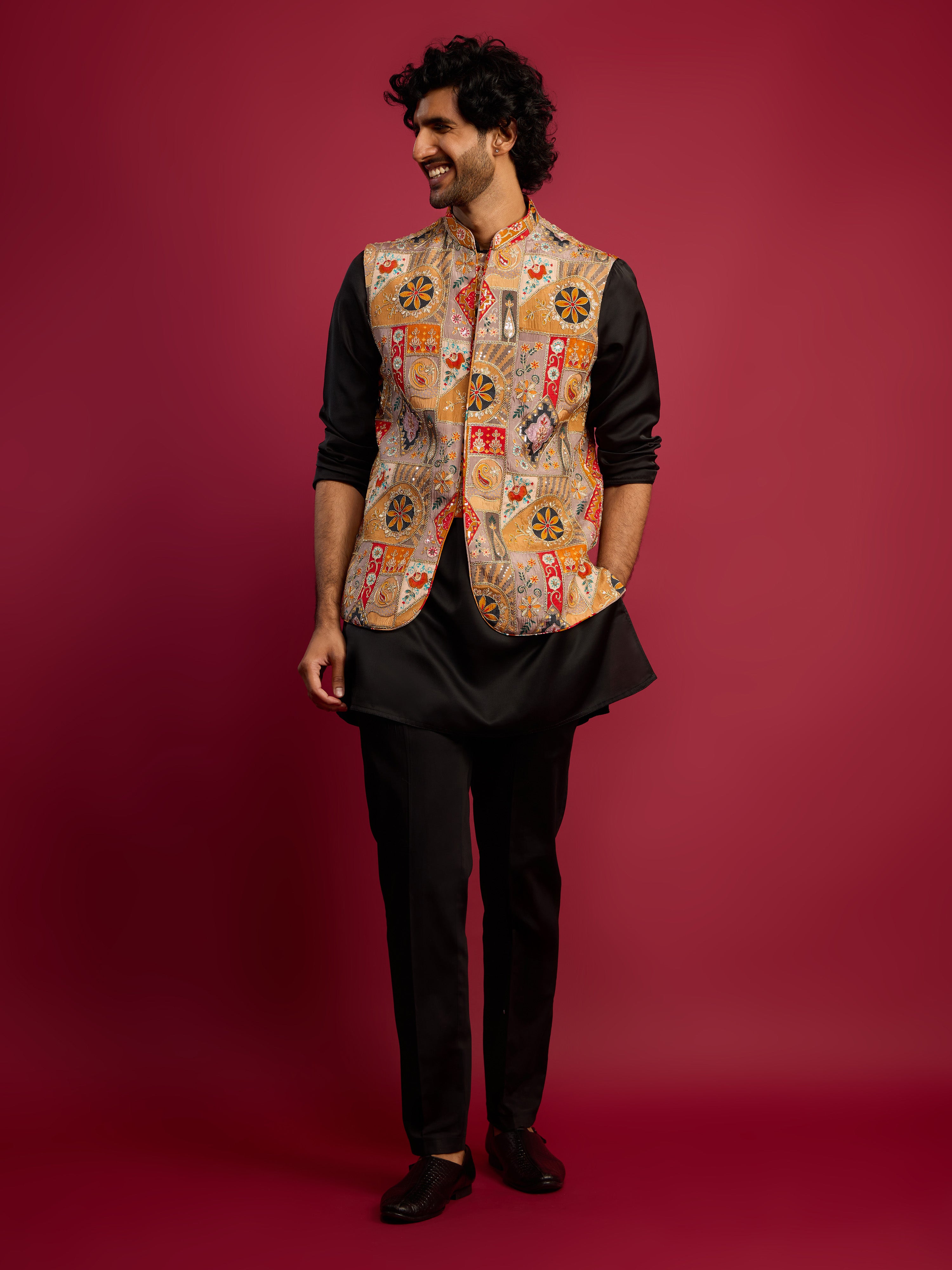 Men's Chiku Embroidered Nehru Jacket with Black Kurta & Pant Set