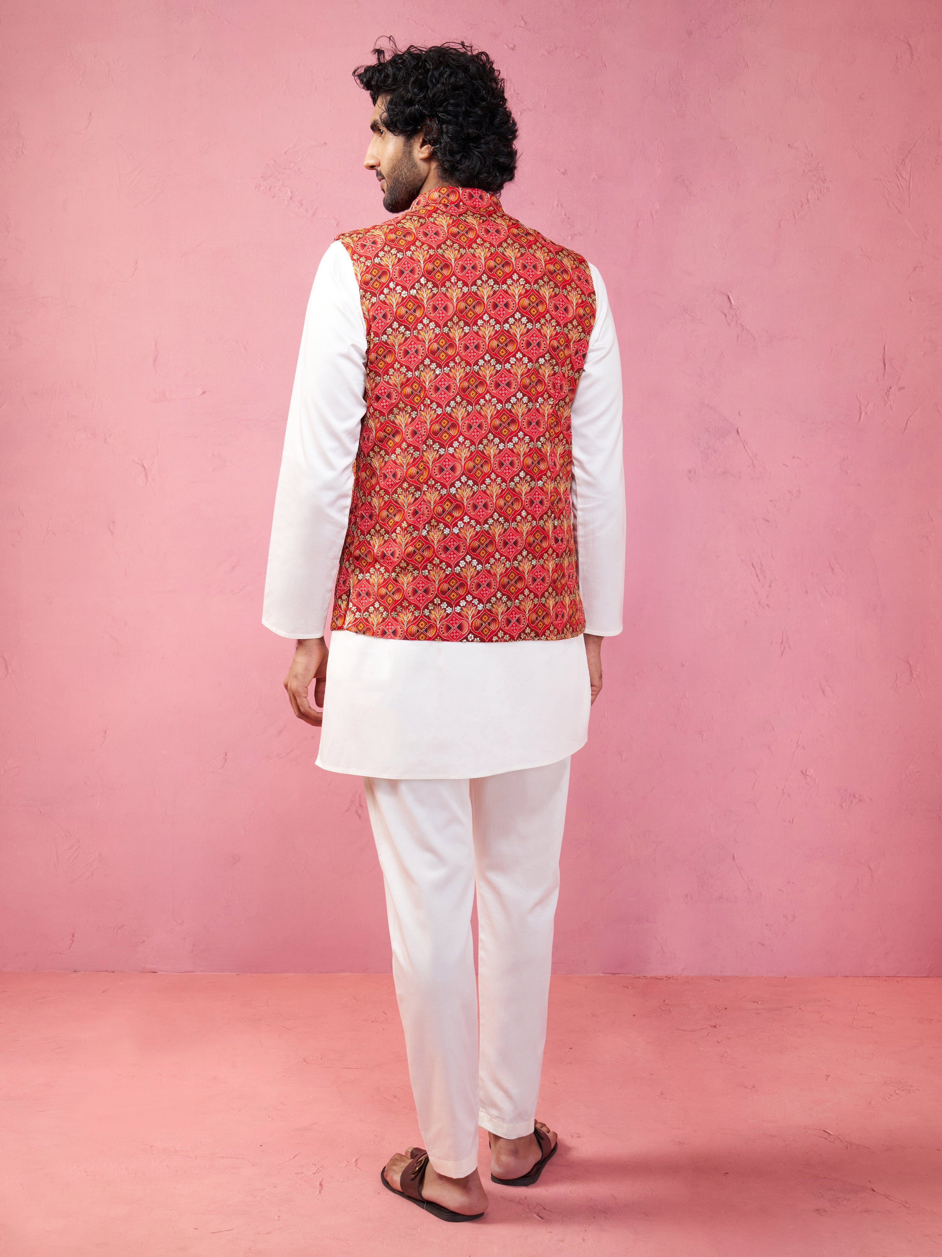 Men's Red Embroidered Nehru Jacket with Cream Kurta Pyjama