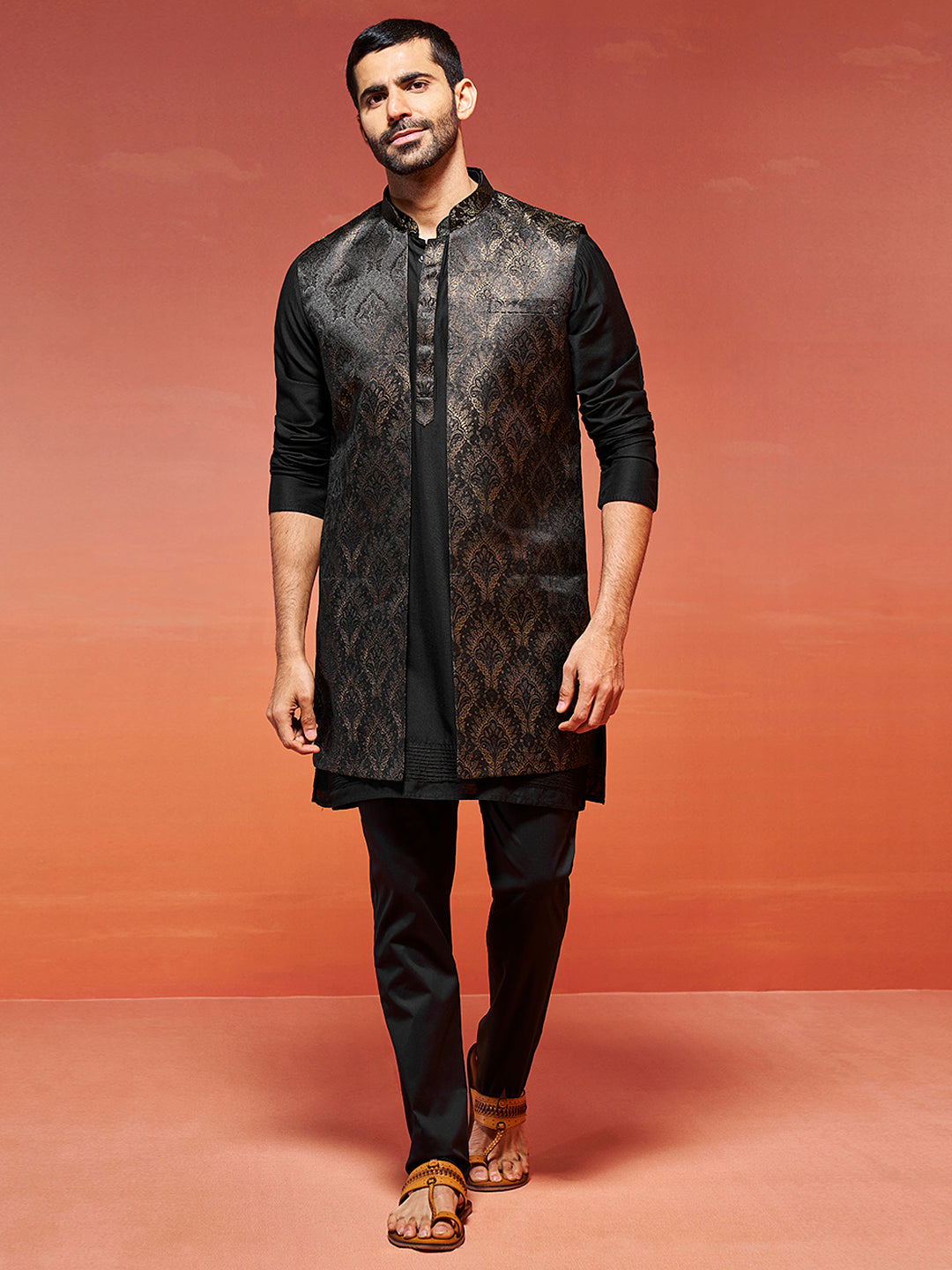Men's Black Viscose Jacket,Kurta And Pyjama Set.