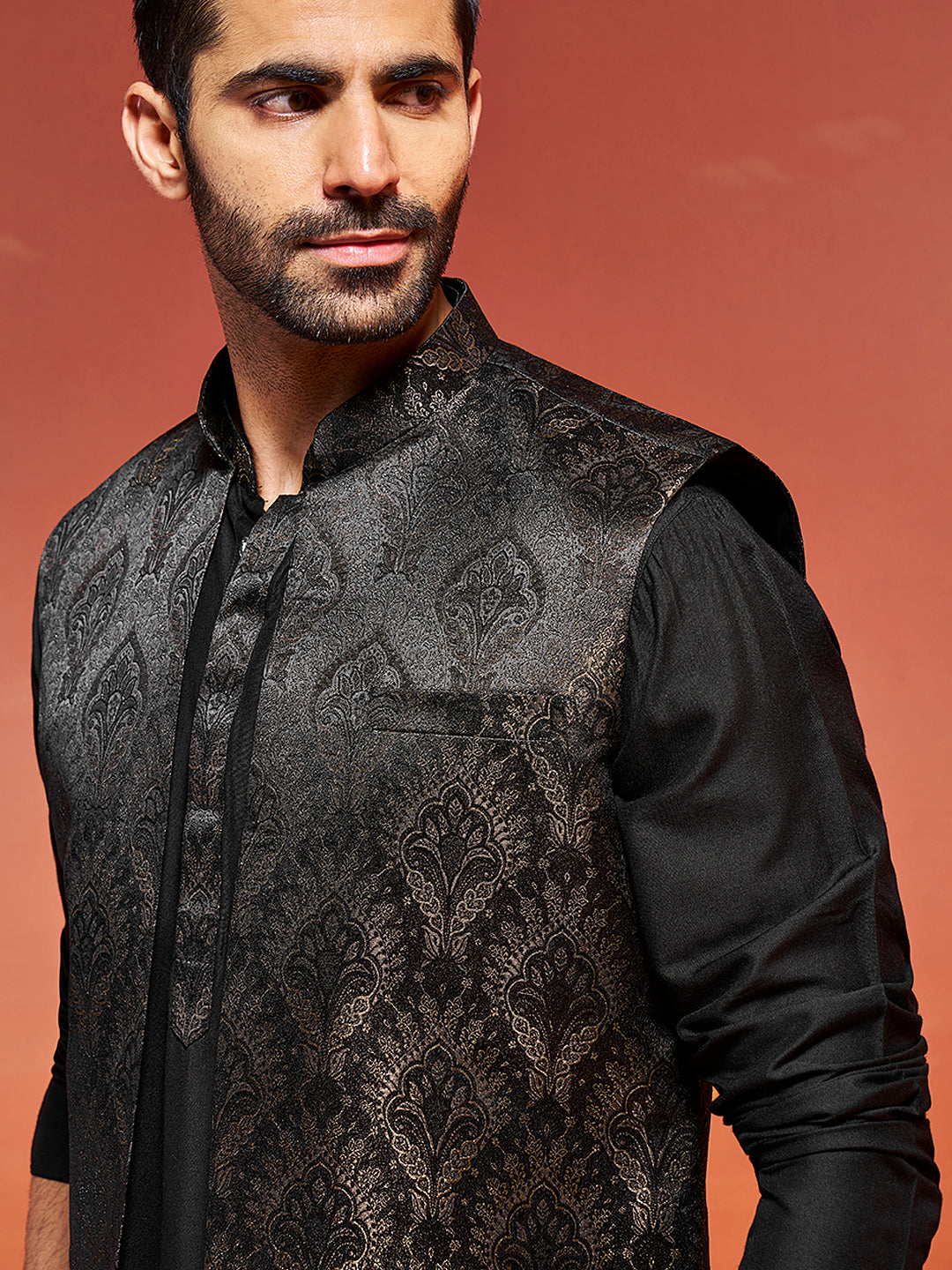 Men's Black Viscose Jacket,Kurta And Pyjama Set.