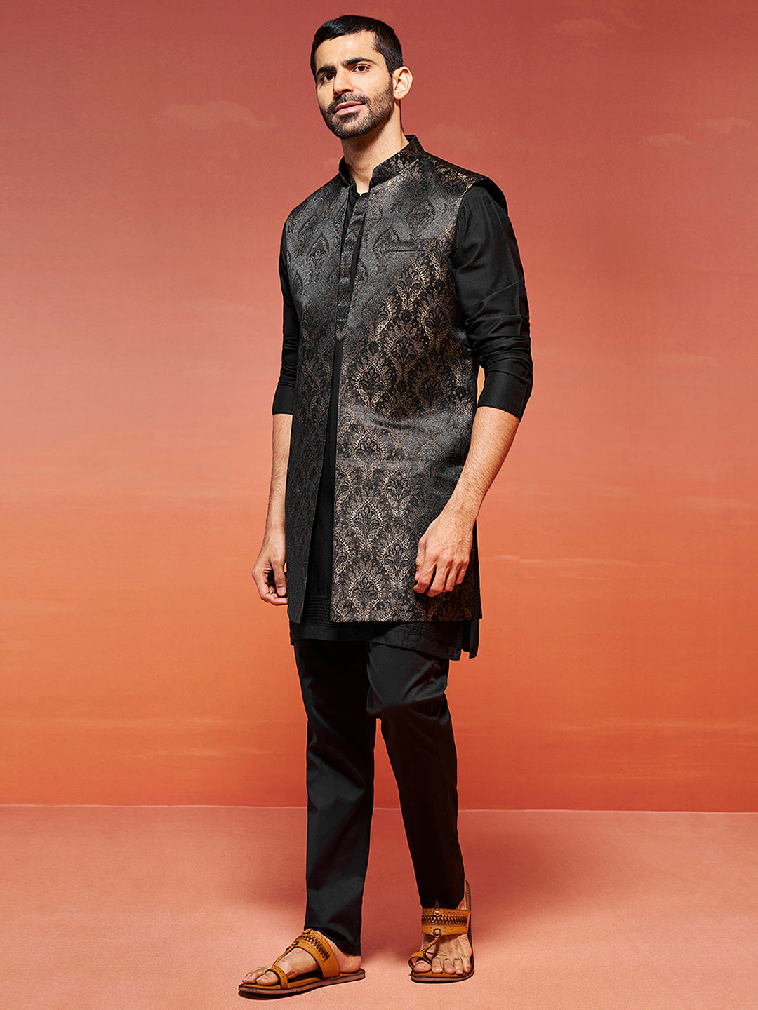 Men's Black Viscose Jacket,Kurta And Pyjama Set.