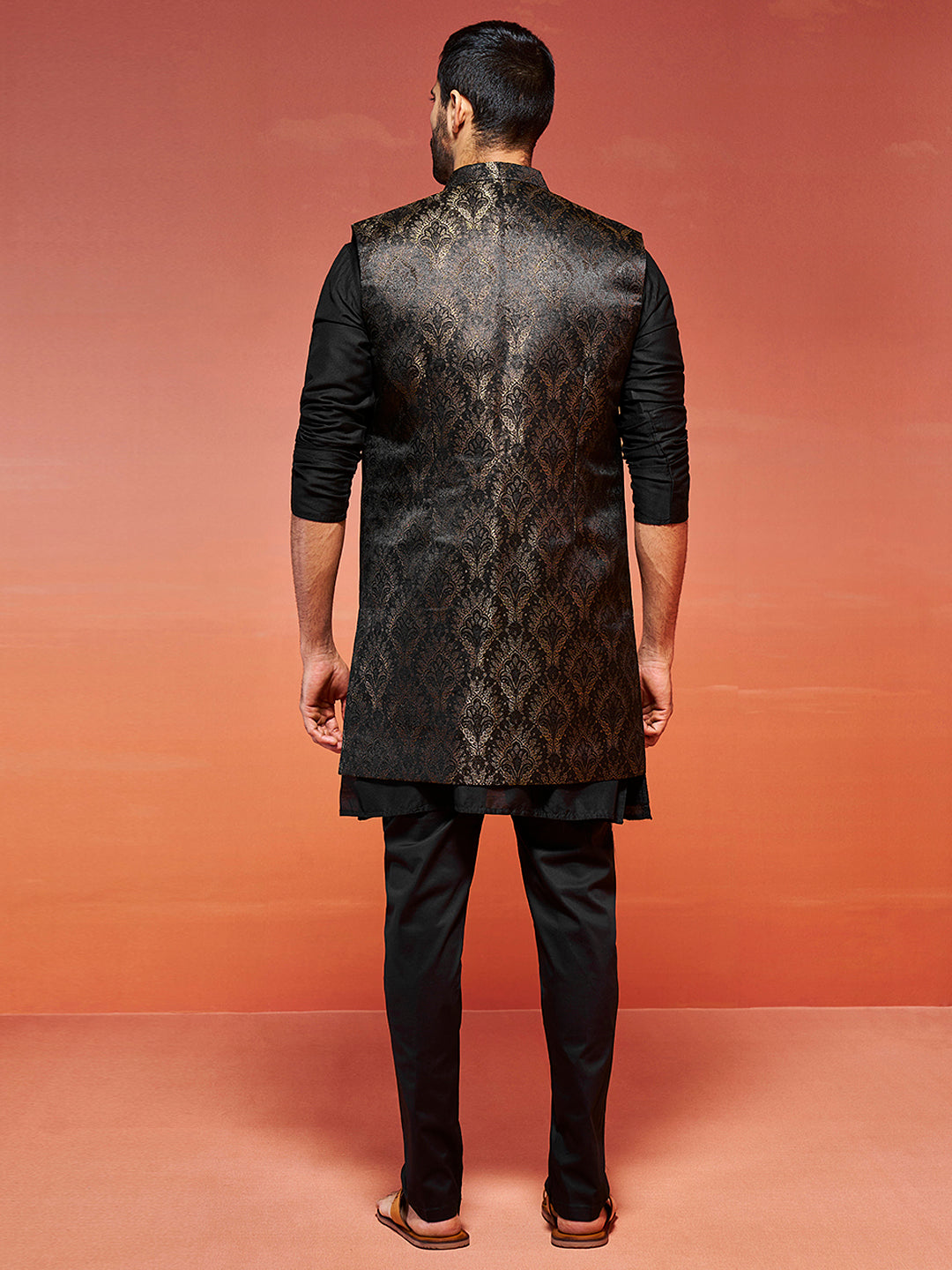 Men's Black Viscose Jacket,Kurta And Pyjama Set.