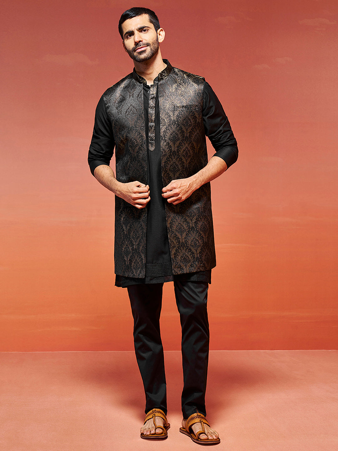 Men's Black Viscose Jacket,Kurta And Pyjama Set.