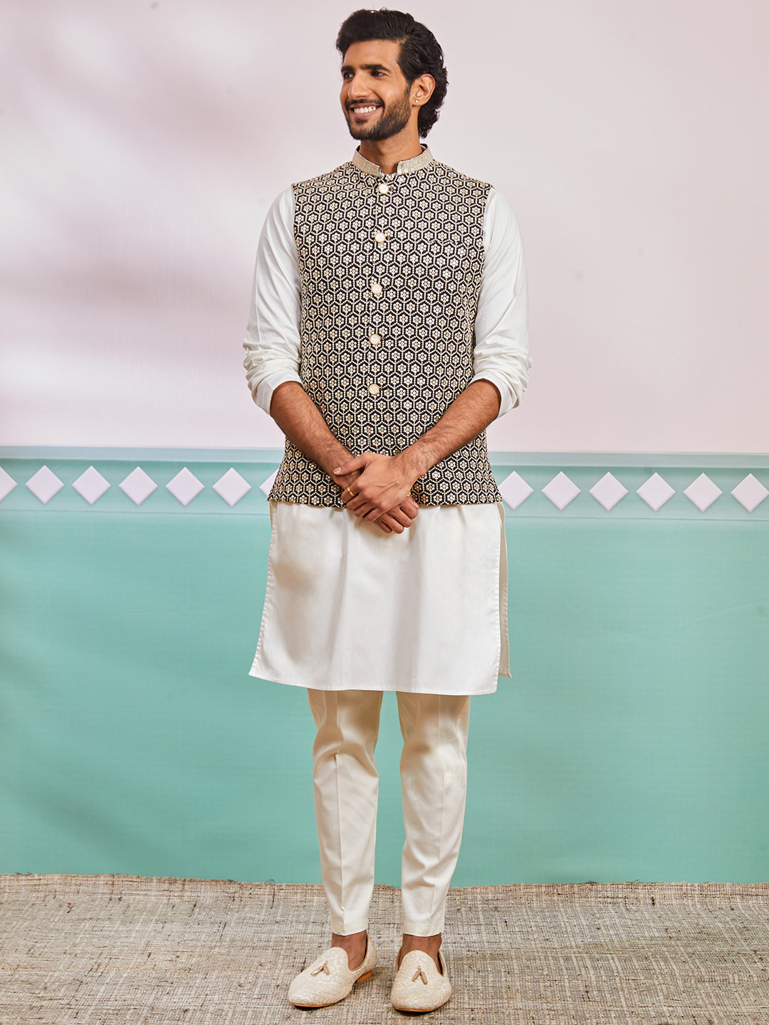 Men's Black Fine Satin Nehru Jacket, Kurta And Pyjama Set.