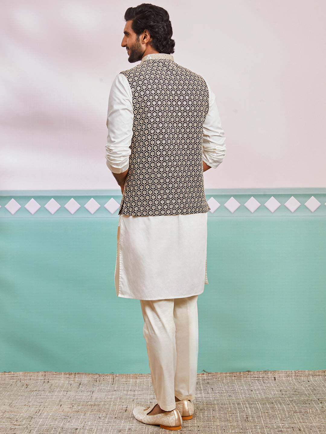 Men's Black Fine Satin Nehru Jacket, Kurta And Pyjama Set.